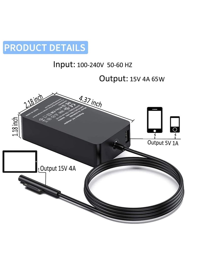 For Surface Pro Charger, Surface Laptop Adapter 65W 15V 4A Power Supply Compatible with Microsoft Surface Pro 7 6 5 4 3 Surface Go1 2 Surface Book1 2, Surface Laptop 1 2 3 with 5V USB Charging Port