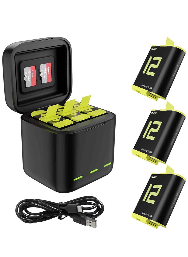 Triple Battery Charger Kit for GoPro Hero 12, 11, 10, and 9 Black - Includes Type-C Charging Cable, Fully Compatible with GoPro Accessories (3-Pack)