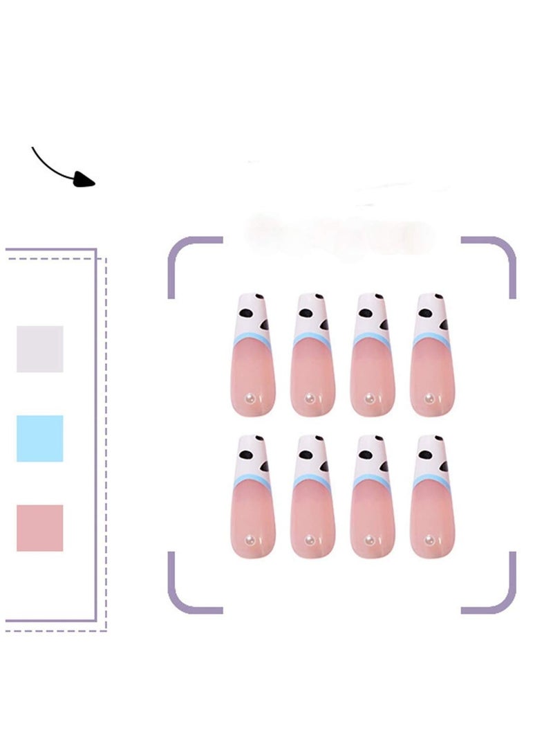 Cow Print Nails Long Fake Nails with Pearl Glossy Press on Nails Coffin White False Nails Full Cover Artificia Nails for Women and Girls 24PCS/Set