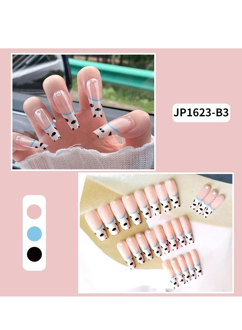 Cow Print Nails Long Fake Nails with Pearl Glossy Press on Nails Coffin White False Nails Full Cover Artificia Nails for Women and Girls 24PCS/Set