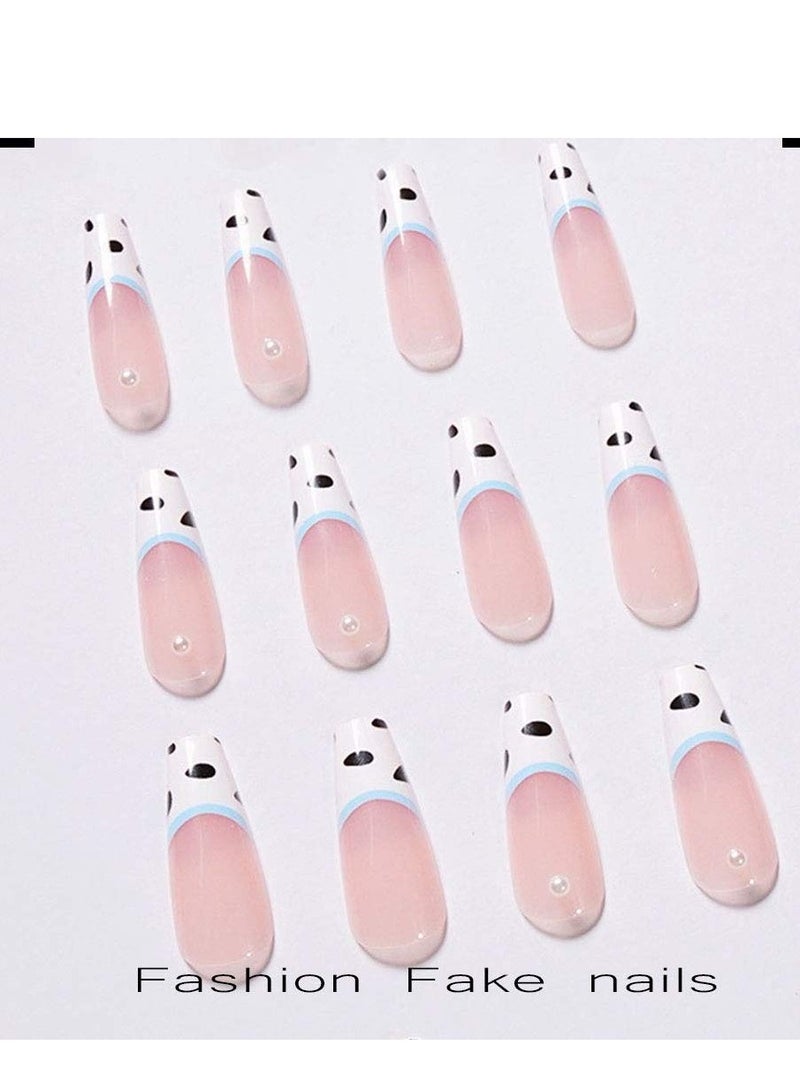 Cow Print Nails Long Fake Nails with Pearl Glossy Press on Nails Coffin White False Nails Full Cover Artificia Nails for Women and Girls 24PCS/Set