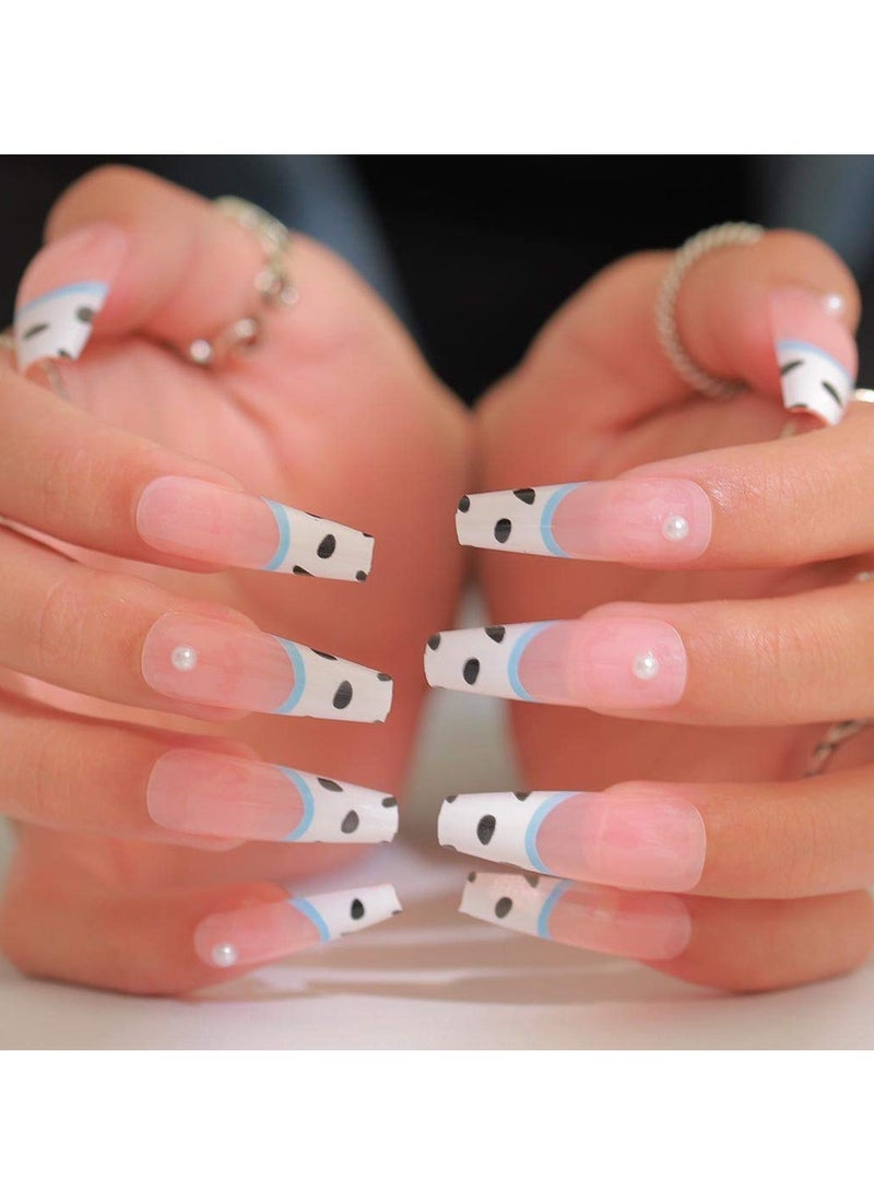 Cow Print Nails Long Fake Nails with Pearl Glossy Press on Nails Coffin White False Nails Full Cover Artificia Nails for Women and Girls 24PCS/Set