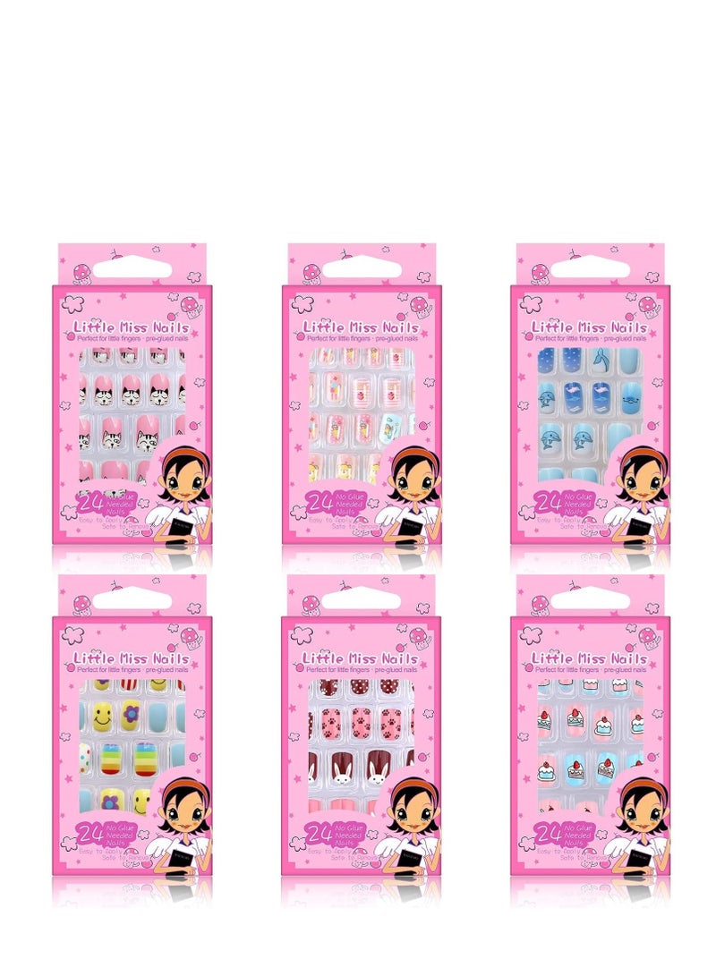 144 PCS Stick on Nails for Kids Children Press on Pre-glue Full Cover Candy Pattern Short False Nail Kits, Lovely Gift Little Girls Art Decoration