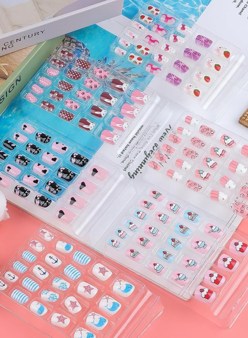 144 PCS Stick on Nails for Kids Children Press on Pre-glue Full Cover Candy Pattern Short False Nail Kits, Lovely Gift Little Girls Art Decoration