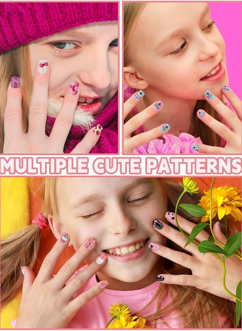 144 PCS Stick on Nails for Kids Children Press on Pre-glue Full Cover Candy Pattern Short False Nail Kits, Lovely Gift Little Girls Art Decoration