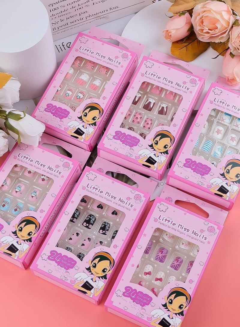 144 PCS Stick on Nails for Kids Children Press on Pre-glue Full Cover Candy Pattern Short False Nail Kits, Lovely Gift Little Girls Art Decoration