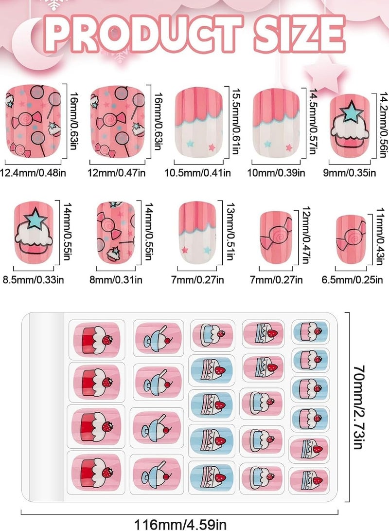 144 PCS Stick on Nails for Kids Children Press on Pre-glue Full Cover Candy Pattern Short False Nail Kits, Lovely Gift Little Girls Art Decoration