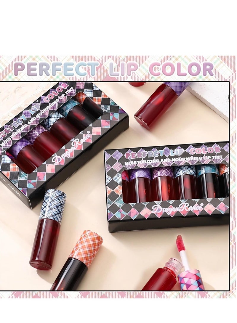 6 Colors Lip Tint Stain Set 24 Hours Long Lasting Red Liquid Lipstick Velvet Tint, Moisturizing Plump Gloss Multi-use Cheek Tint, Lightweight Non-Sticky Longwear Makeup