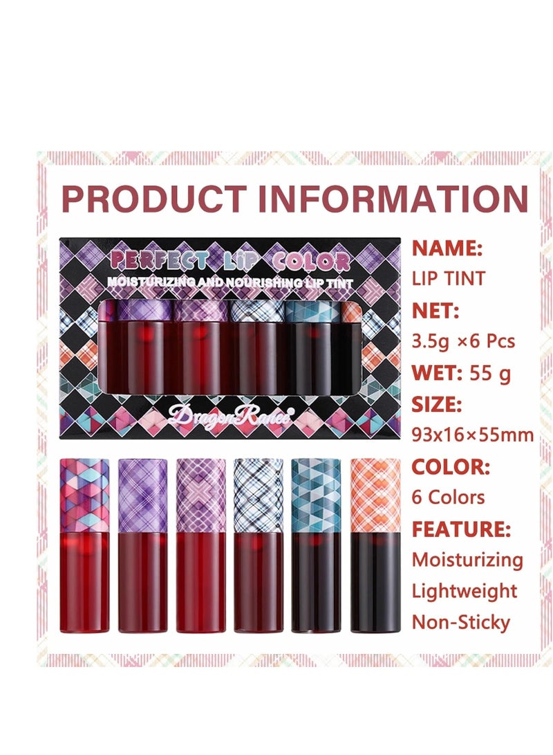 6 Colors Lip Tint Stain Set 24 Hours Long Lasting Red Liquid Lipstick Velvet Tint, Moisturizing Plump Gloss Multi-use Cheek Tint, Lightweight Non-Sticky Longwear Makeup