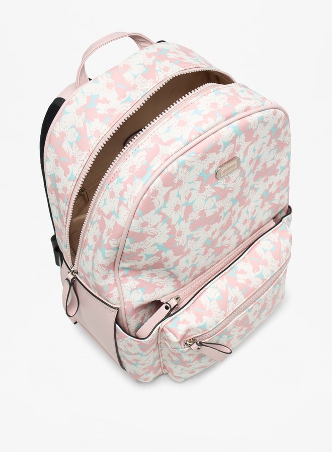 Floral Print Backpack with Detachable Front Pocket - 31x40x13 cm