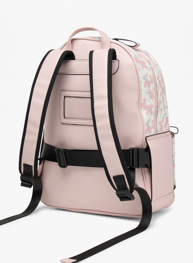 Floral Print Backpack with Detachable Front Pocket - 31x40x13 cm