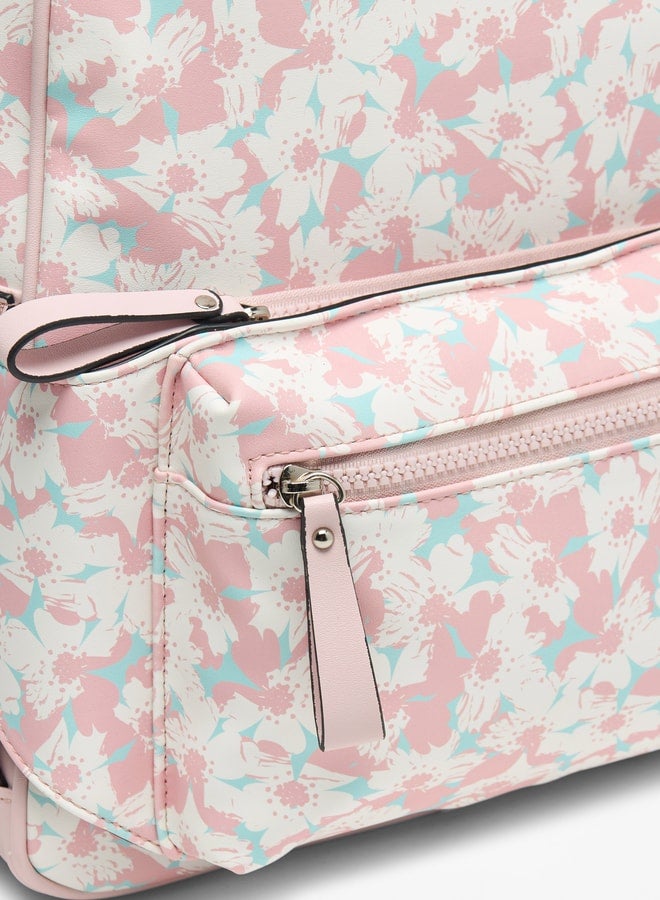 Floral Print Backpack with Detachable Front Pocket - 31x40x13 cm