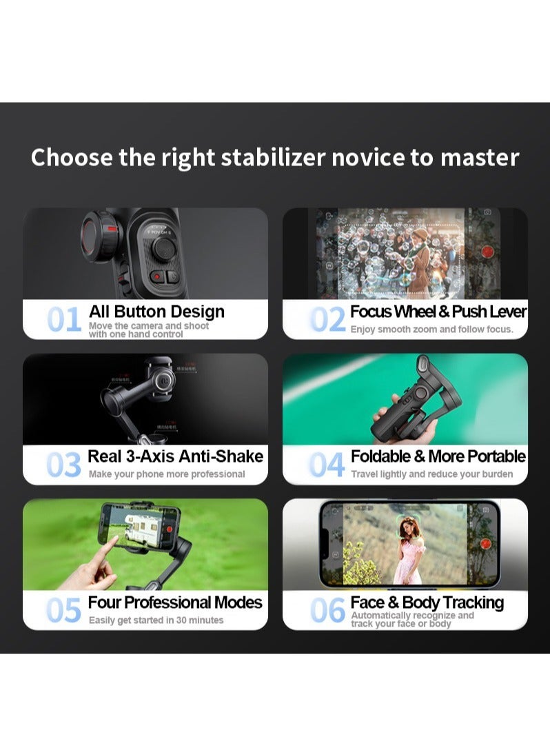 AOCHUAN XE Phone Gimbal Stabilizer 3-Axis Smartphone Foldable Gimbal for iPhone Gimble with Focus Wheel TikTok YouTube Vlog Stabilizer for iPhone 15 14 13 12 Pro Max & Android - Smart XE