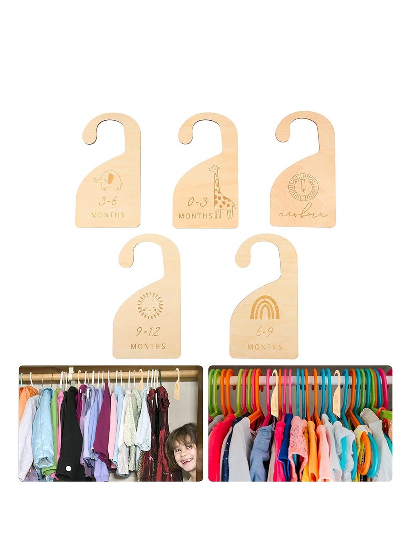 Wooden Baby Closet Organizer, 5pcs Cartoon Dividers for 0-12 Months, Hanging Clothes Storage Solution for Infants, Nursery Clothes Organizer for Home Use