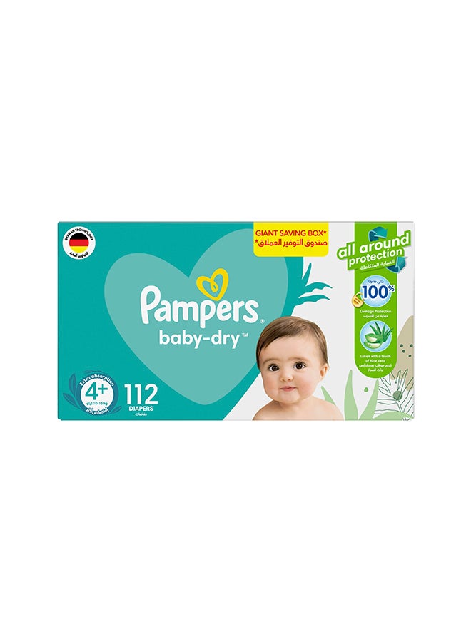 Baby-Dry Taped Diapers with Aloe Vera Lotion up to 100% Leakage Protection Size 4+ 10-15kg 112 Count