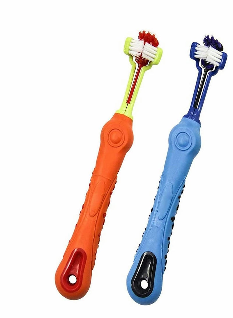 Pet Toothbrush, 2 Pack Three Sided Pet Toothbrush Dog Brush Remove Bad Breath Tartar Teeth Care Dog Cat Cleaning Mouth (Blue, Orange）