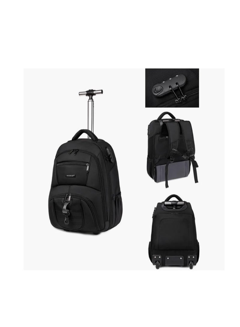 Travel Trolley Bag Rolling Laptop Backpack with Lock for Men Women Travel Backpack with Invisible Wheels Large Capacity Luggage Bag for Notebook Clothes Books Kids School Backpack for Boys Girls