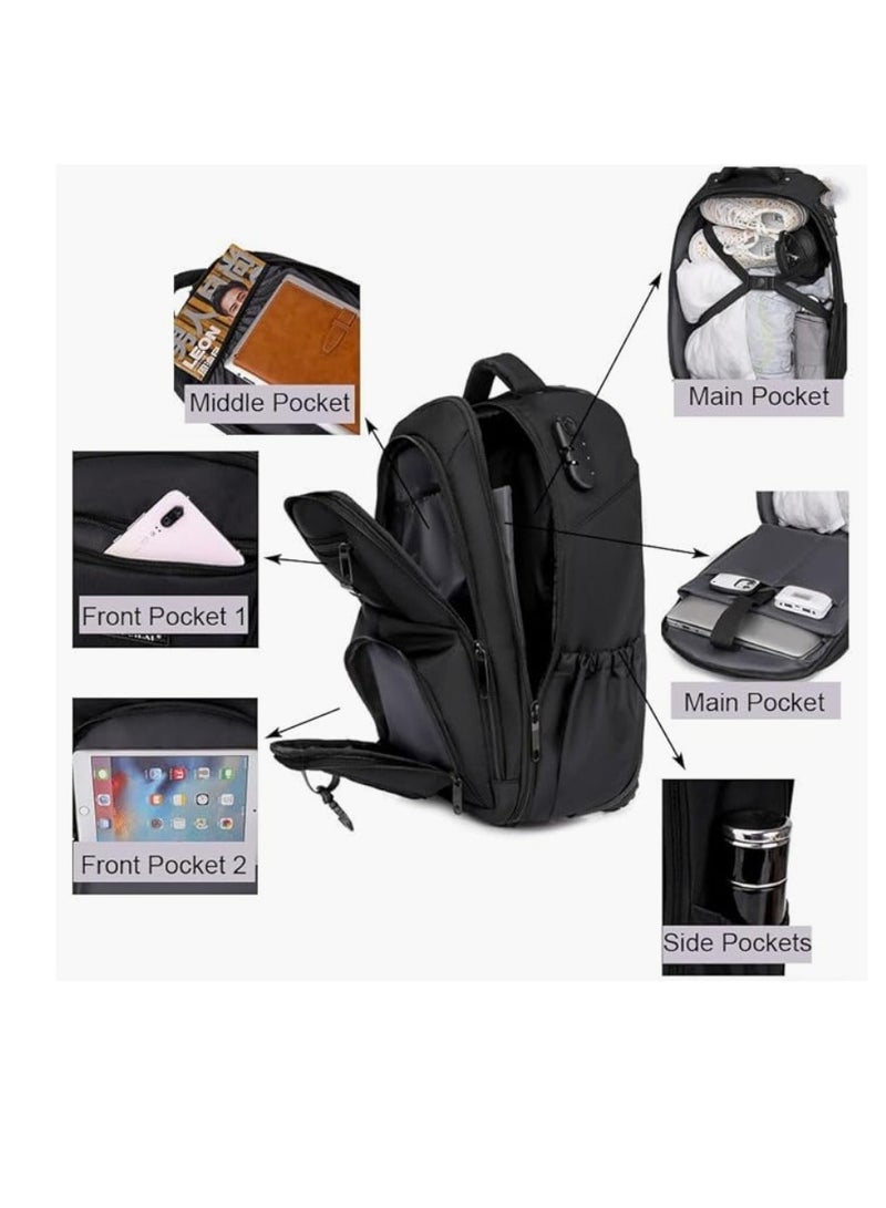 Travel Trolley Bag Rolling Laptop Backpack with Lock for Men Women Travel Backpack with Invisible Wheels Large Capacity Luggage Bag for Notebook Clothes Books Kids School Backpack for Boys Girls