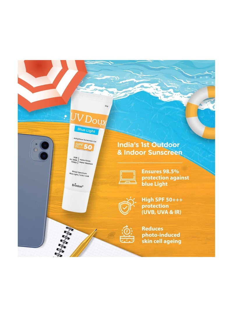 Brinton UV Doux Blue Light Sunscreen Protection Gel SPF 50 PA+++ UVA/UVB for Men & Women | Matte Finish & Water Resistant | For All Skin Types, 50g