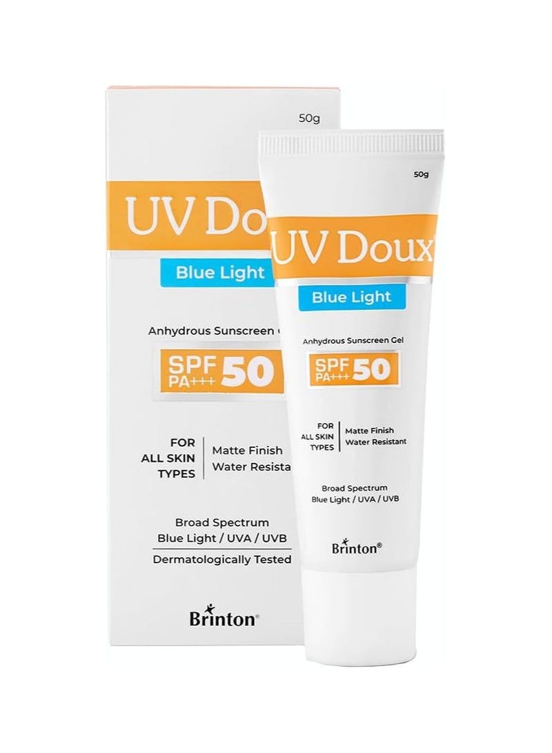 Brinton UV Doux Blue Light Sunscreen Protection Gel SPF 50 PA+++ UVA/UVB for Men & Women | Matte Finish & Water Resistant | For All Skin Types, 50g