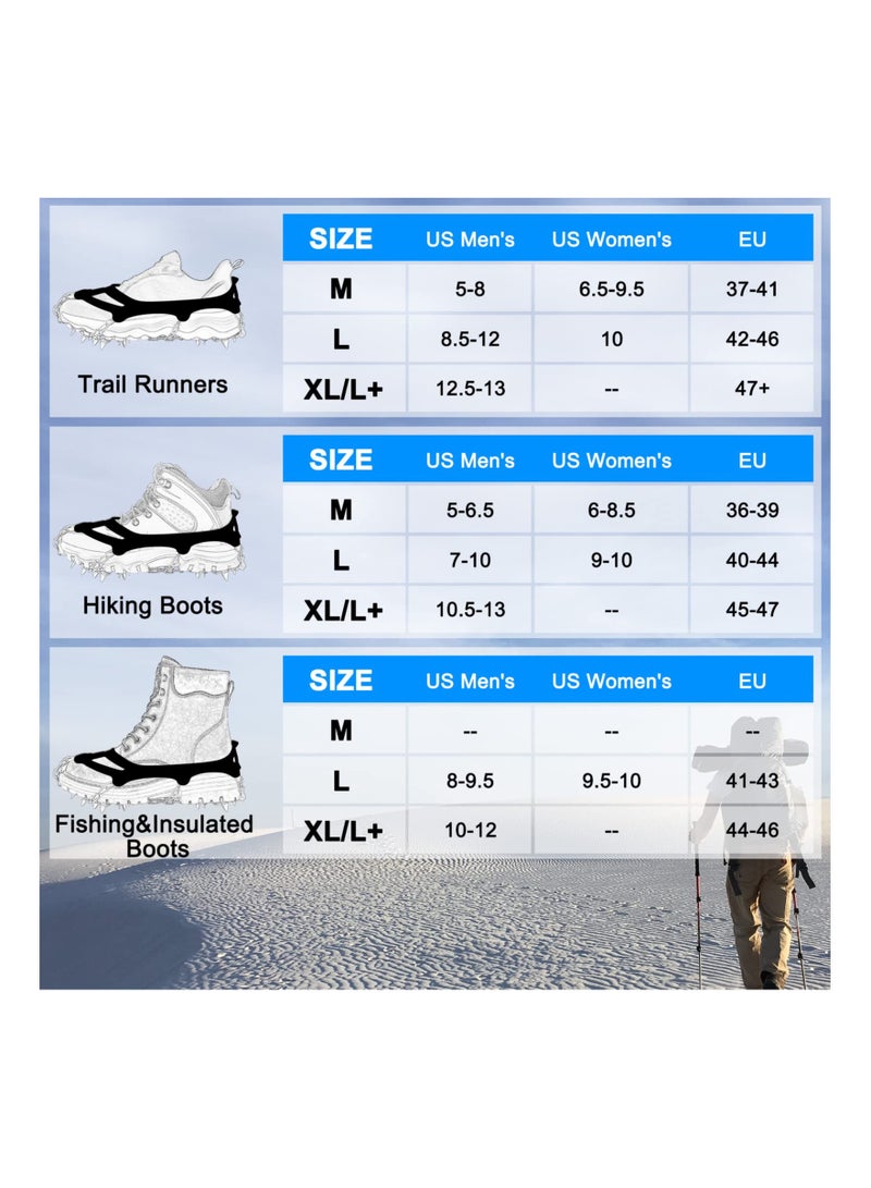 Non-Slip Ice Traction Cleats with 19 Stainless Steel Spikes for Shoes, Ideal for Walking, Jogging, Climbing, Hiking, and Mountaineering in Snow and Ice Conditions.