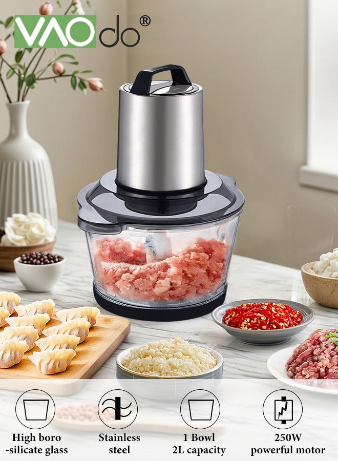 Electric Meat Grinder With 2L borosilicate minced meat bowl,3 Speed Adjustable Stainless Steel Food Processors,250W with 4 Sharp Blades ood Chopper for Egg Whisk for Meat Onion Vegetables Fruits Meat