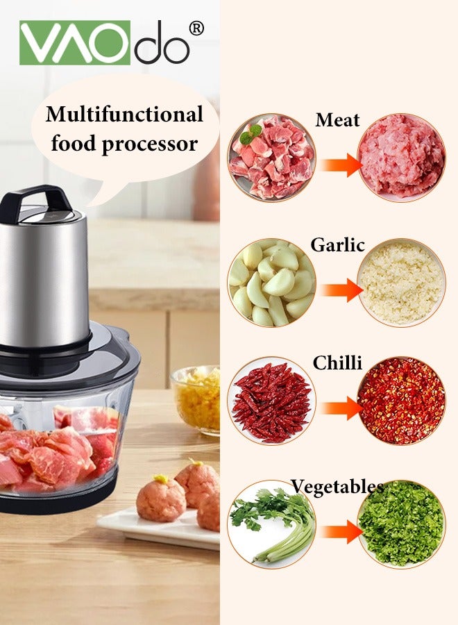 Electric Meat Grinder With 2L borosilicate minced meat bowl,3 Speed Adjustable Stainless Steel Food Processors,250W with 4 Sharp Blades ood Chopper for Egg Whisk for Meat Onion Vegetables Fruits Meat