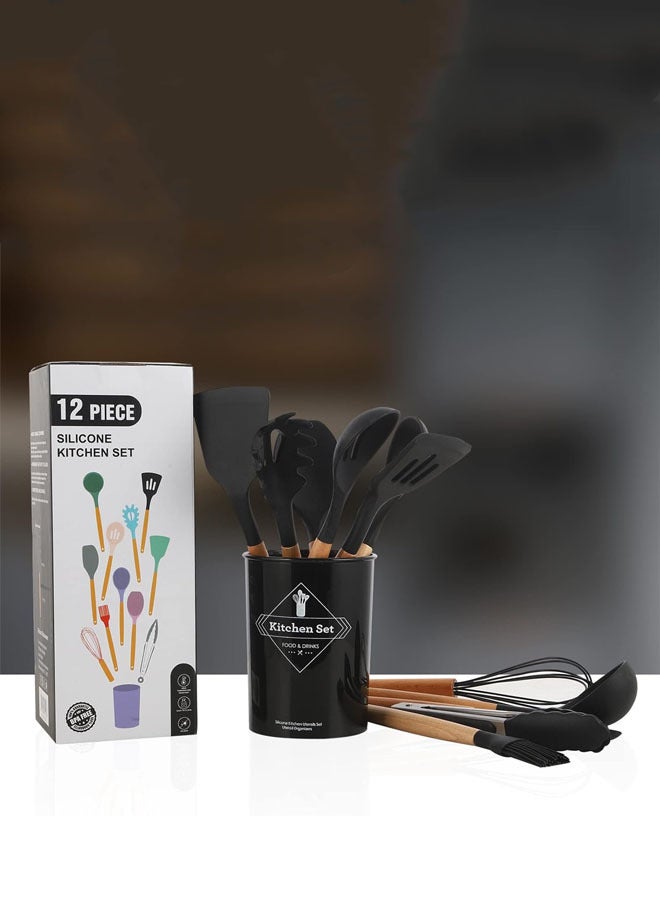 12-Piece Non-Stick Silicone Cooking Utensils Set Black