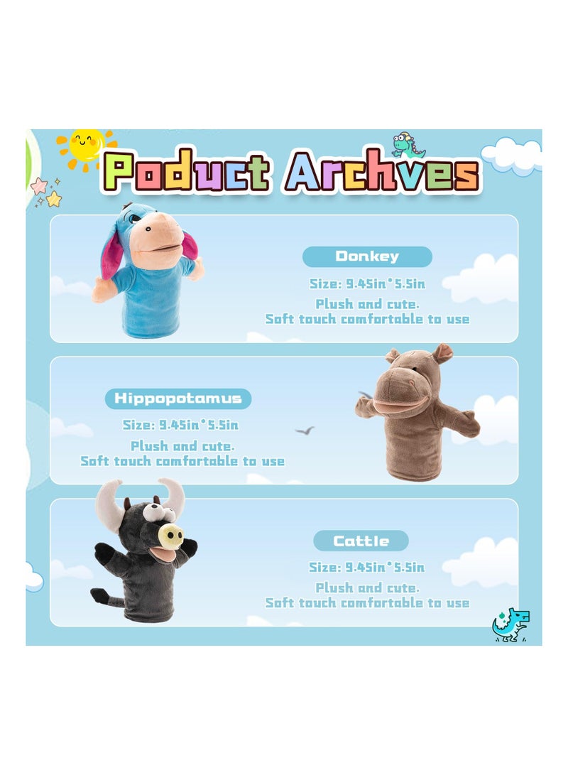 3-Pack 9.5-Inch Soft Plush Animal Hand Puppets for Kids - Ideal for Storytelling, Teaching, Role-Play, and Educational Fun for Toddlers, Boys, and Girls. Perfect Preschool Toy!