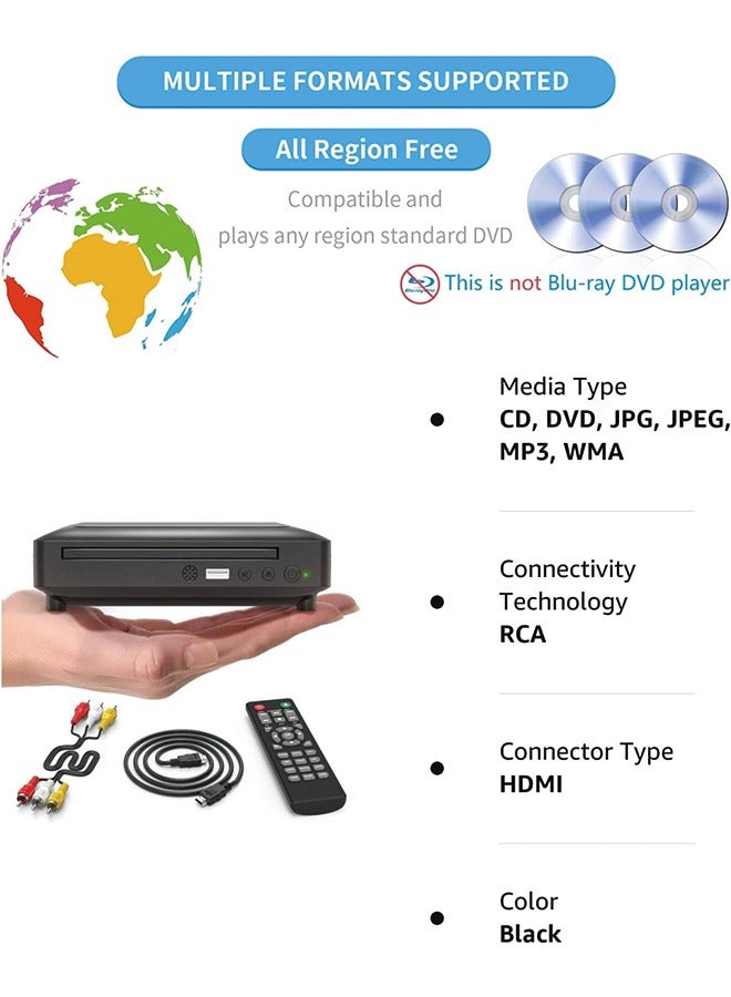 Mini HD DVD Player, CD Players for Home, DVD Players for TV, HDMI and RCA Cable Included, Up-Convert to HD 1080p, All Region, Breakpoint Memory, Built-in PAL/NTSC, USB 2.0