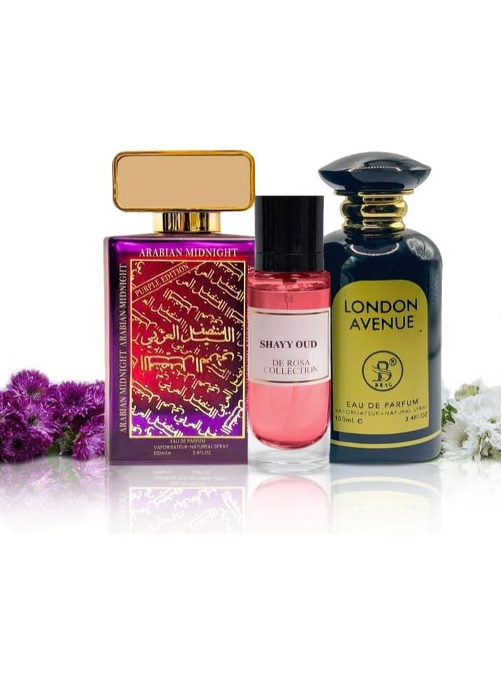 B Brag Pack of 3 London Avenue 100ml Midnight Purple 100ml Shayy Oud 30ml Perfumes for Men and Women Long Lasting Arabic Perfume Women’s and Men’s Fragrances