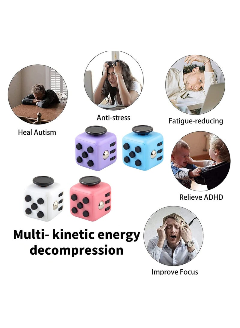 4 Pack Stress Relief Fidget Cube Toys Ideal For All Ages Office Classroom Fun Gift White Pink Purple Blue