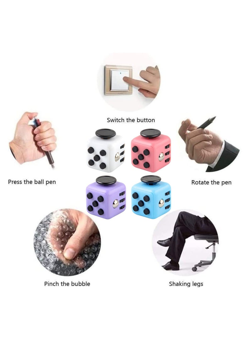 4 Pack Stress Relief Fidget Cube Toys Ideal For All Ages Office Classroom Fun Gift White Pink Purple Blue