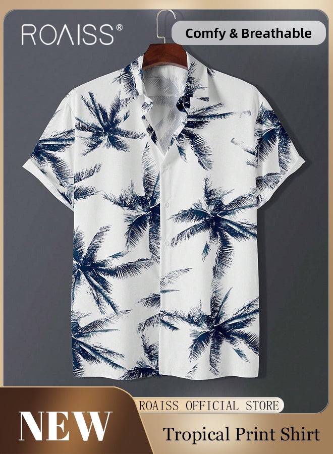 Short Sleeve Tropical Print Shirt for Men Casual Lapel Collar Button down Shirts Comfy and Breathable Shirts Ideal for Holiday or Daily Wear Men's Stylish Versatile V Neck Beach Shirts