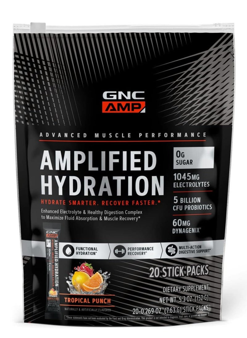 GNC AMP Amplified Hydration | Enhanced Electrolyte & Healthy Digestion Complex | Tropical Punch | 20 Count