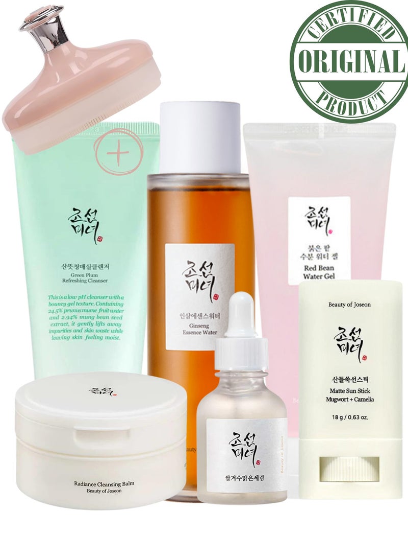 Complete Harmony Collection For Vibrant Skin & face scrubber - Radiance Cleansing Balm, Green Plum Cleansing Gel, Ginseng Essence Water, Glow Deep Serum, Red Bean Water Gel Moisturizer &  Sunscreen Matte Sun Stick 420ml