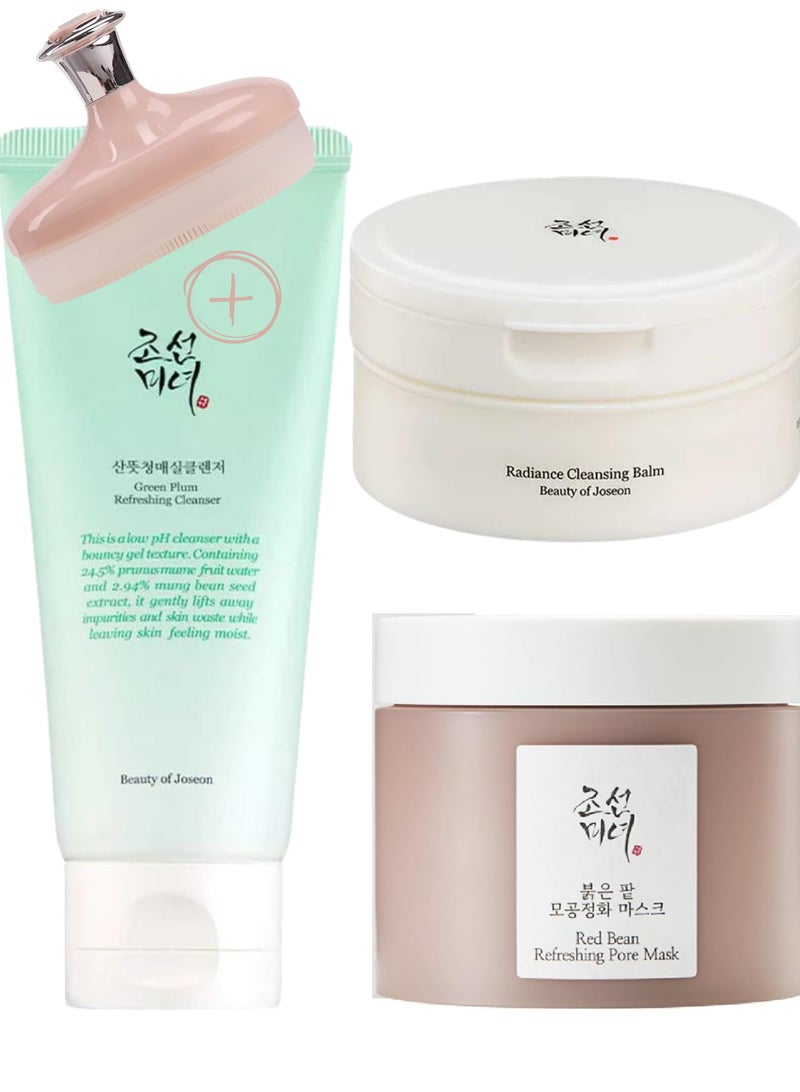 Daily Cleansing Trio for Fresh Skin & Face Scrubber - Nourishing Cleansing Balm, Purifying Green Plum Cleansing Foam, and Detoxifying Red Bean Pore Mask 340ml