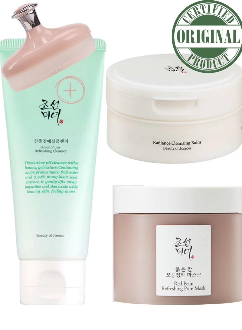 Daily Cleansing Trio for Fresh Skin & Face Scrubber - Nourishing Cleansing Balm, Purifying Green Plum Cleansing Foam, and Detoxifying Red Bean Pore Mask 340ml