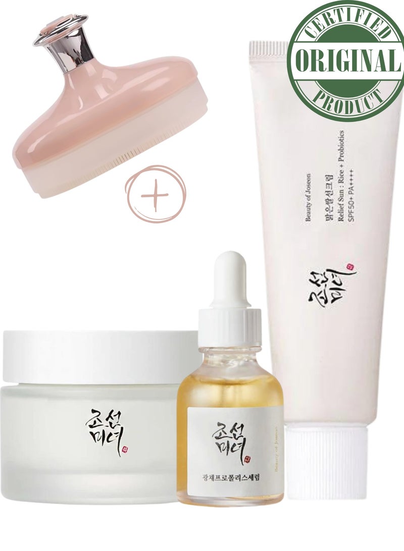 Glow Kit & Face Scrubber - Radiance-Boosting Glow Serum with Propolis & Niacinamide, Luxurious Dynasty Cream, and Sunscreen Relief Sun Probiotics SPF50+ PA++++ 130ml