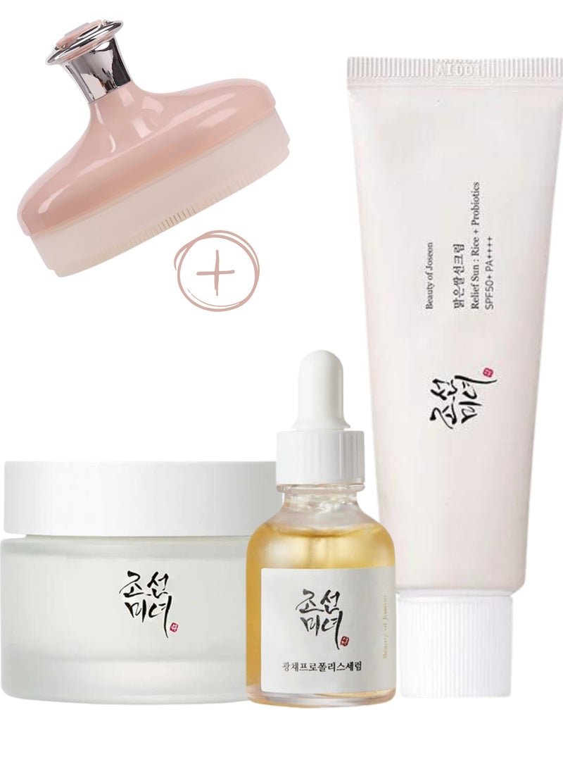 Glow Kit & Face Scrubber - Radiance-Boosting Glow Serum with Propolis & Niacinamide, Luxurious Dynasty Cream, and Sunscreen Relief Sun Probiotics SPF50+ PA++++ 130ml