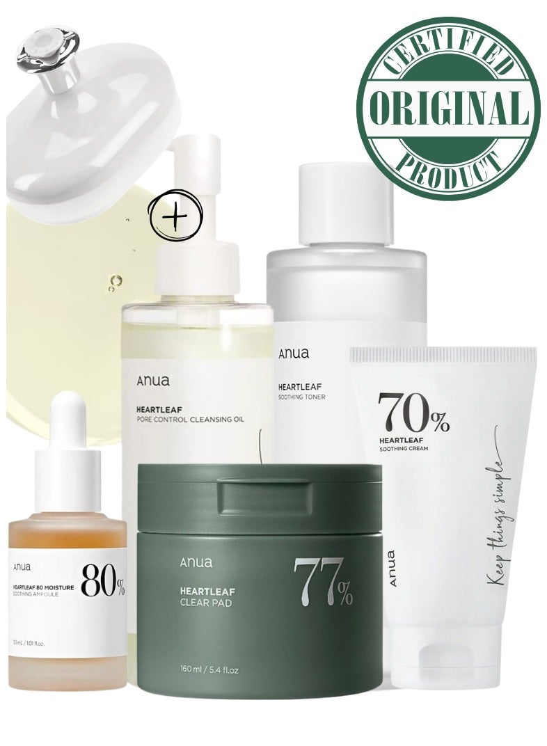 Heartleaf Skincare Essentials Set - Pore Control Cleansing Oil - 77 Soothing Toner - Toner Pads - 80% Moisture Soothing Ampoule - and 70% Soothing Cream for Hydrated - Clear - and Calm Skin - Face Scrubber - 740ml