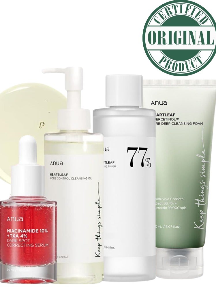 Heartleaf Skincare Set - Pore Control Cleansing Oil - Quercetinol Deep Cleansing Foam - 77 Soothing Toner - and Dark Spot Correcting Serum with 10% Niacinamide & TXA for Clear - Radiant Skin - Face Scrubber - 630ml