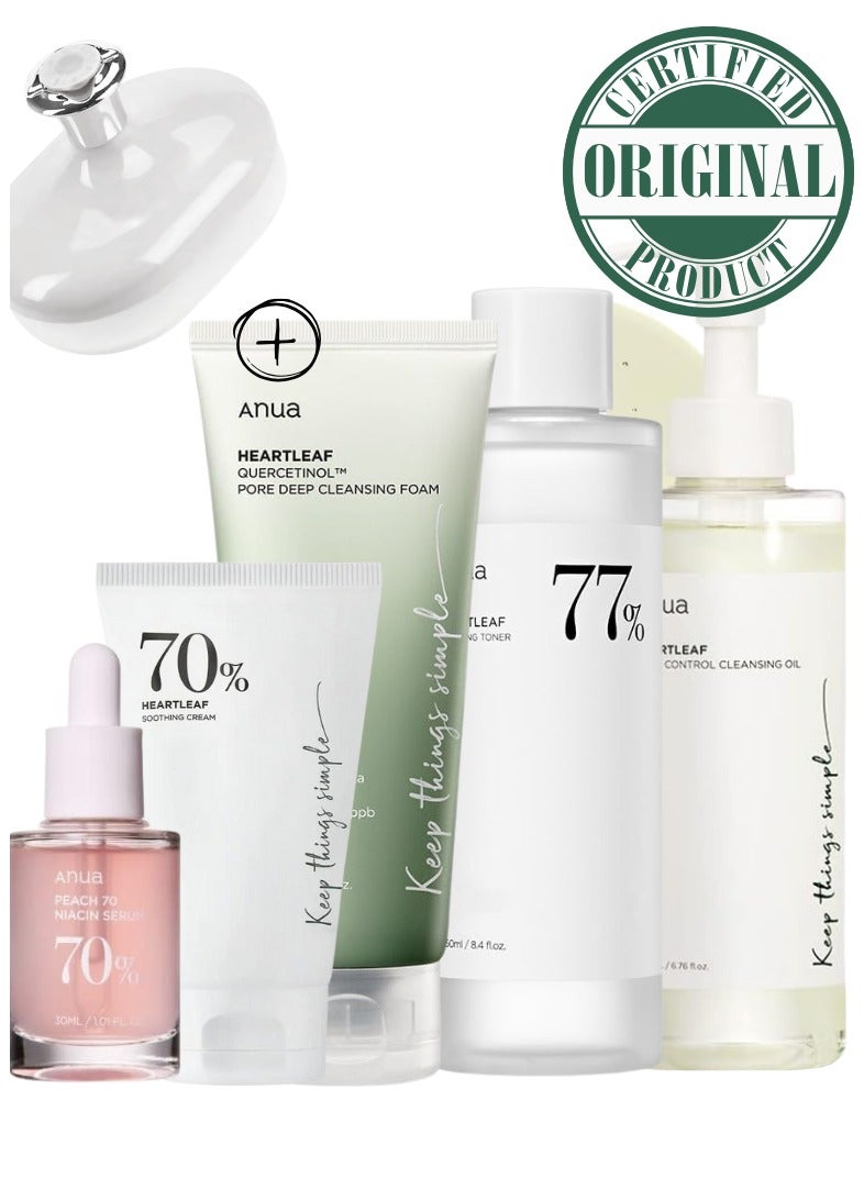 Heartleaf Skincare Set - Pore Control Cleansing Oil - 77 Soothing Toner - Quercetinol Deep Cleansing Foam - Peach Niacinamide Serum - and Soothing Cream for Clear - Radiant Skin - Face scrubber 730ml