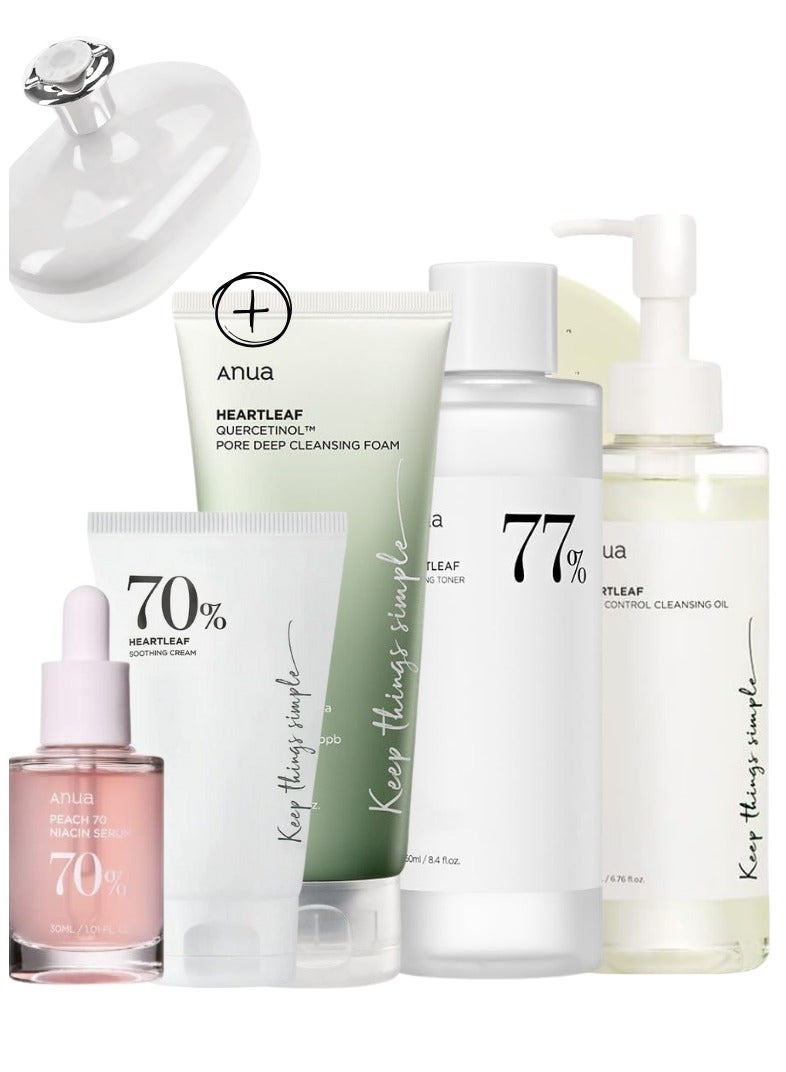 Heartleaf Skincare Set - Pore Control Cleansing Oil - 77 Soothing Toner - Quercetinol Deep Cleansing Foam - Peach Niacinamide Serum - and Soothing Cream for Clear - Radiant Skin - Face scrubber 730ml