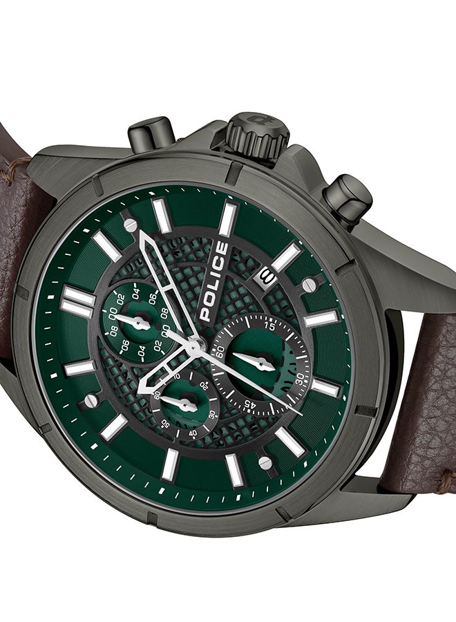 Men's Burbank Green Dial Chocolate Brown Leather Strap Gents Chronograph Watch With Stainless Steel Case