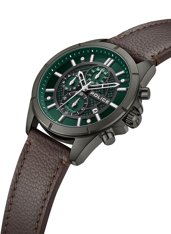 Men's Burbank Green Dial Chocolate Brown Leather Strap Gents Chronograph Watch With Stainless Steel Case