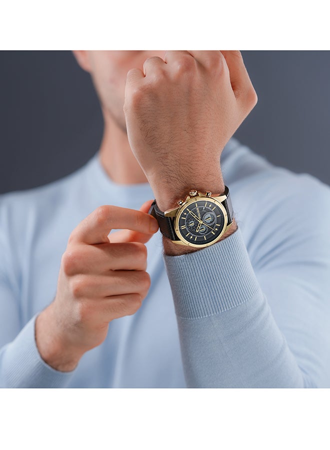 Men's Burbank Matt Black Dial Black Leather Strap Gents Chronograph Watch With Stainless Steel Case