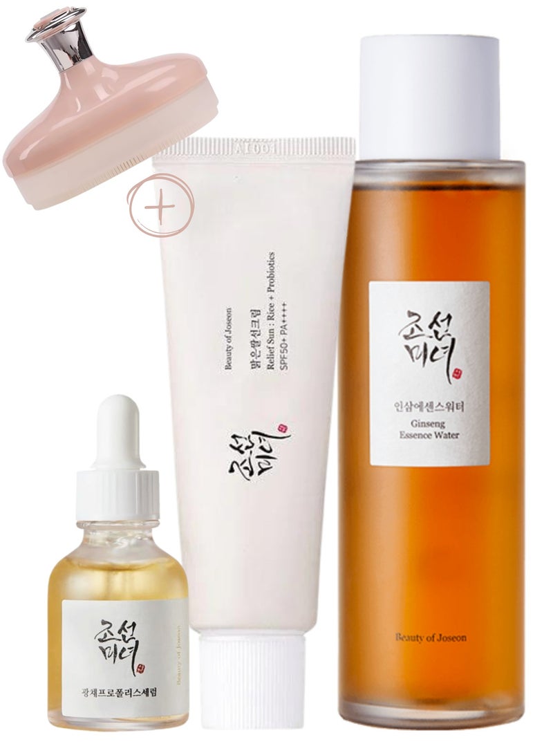 Revitalize and Radiate Trio & Face Scrubber - Rejuvenating Ginseng Water Essence Toner, Brightening Glow Serum, and Protective Sunscreen Rice Probiotics SPF50+ PA++++ 230ml