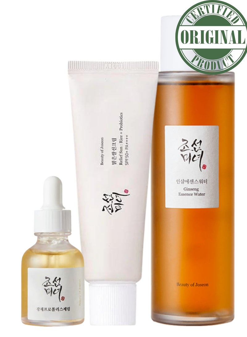 Revitalize and Radiate Trio & Face Scrubber - Rejuvenating Ginseng Water Essence Toner, Brightening Glow Serum, and Protective Sunscreen Rice Probiotics SPF50+ PA++++ 230ml