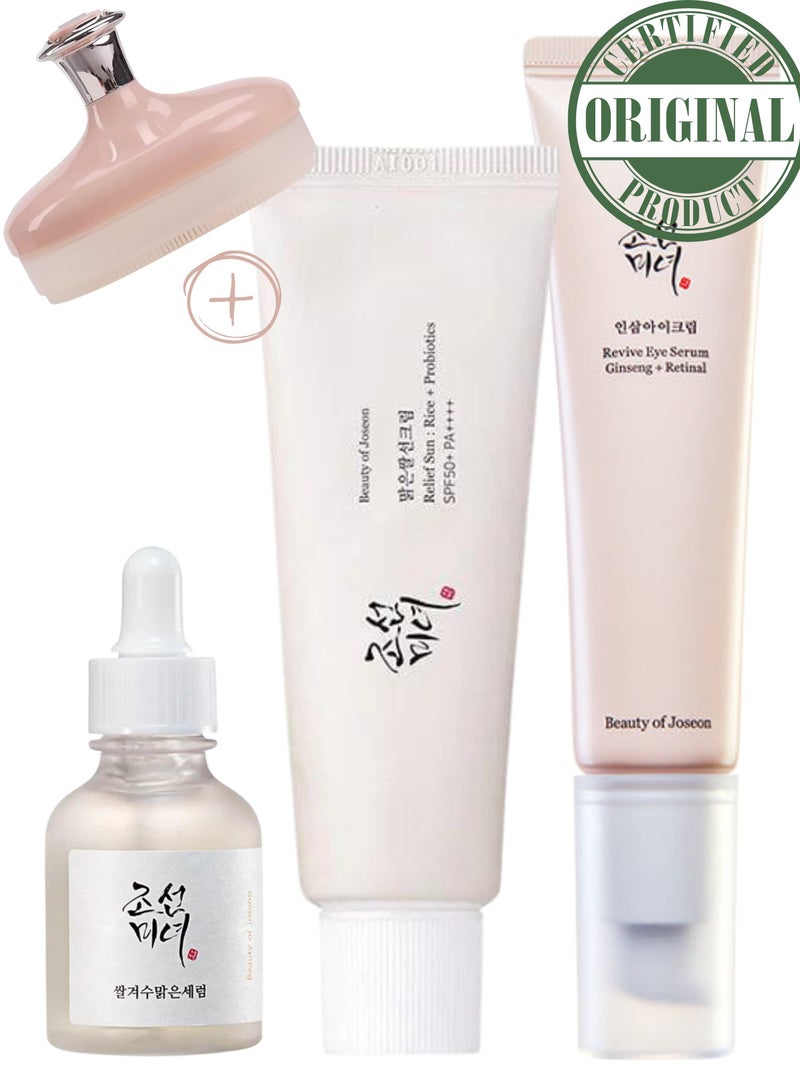 Glow Renewal Trio & Face Scrubber - Revitalizing Revive Eye Serum with Ginseng & Retinal, Brightening Glow Deep Serum, and Protective Sunscreen Rice Probiotics SPF50+ PA++++ 110ml